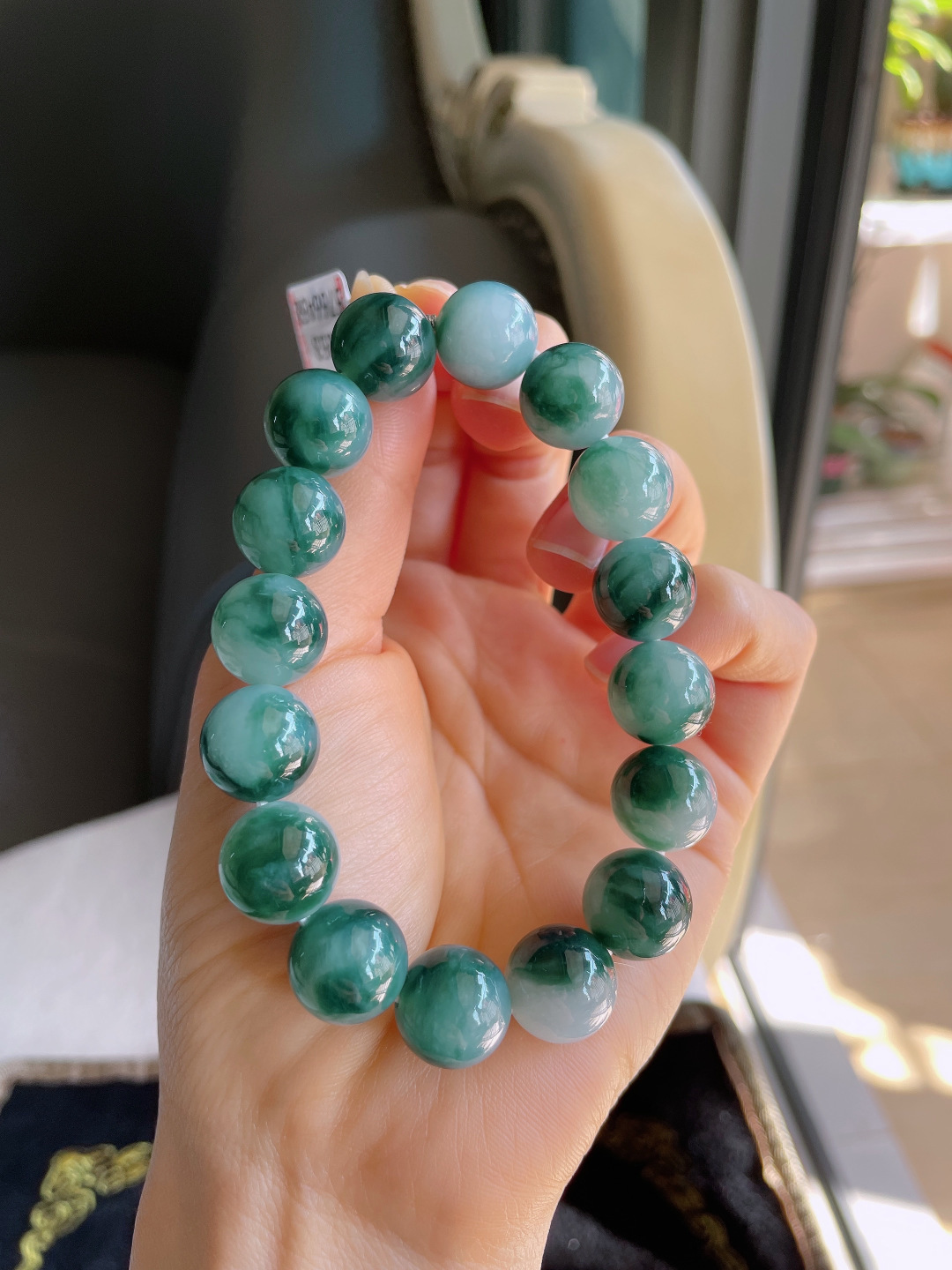 ️，缅甸天然翡翠A货，冰飘花手链，尺寸：12.8mm。【编3853】