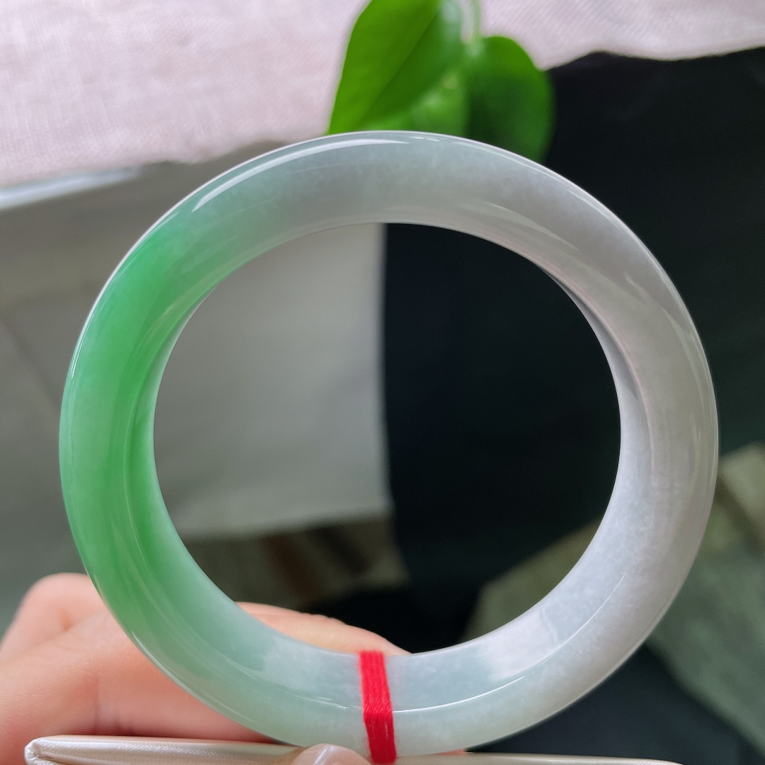 53.8/12.2/8.5，绿底正圈，一点指甲纹不显，淡紫为底，一抹鲜绿晕染镯身，玉质冰润，双色相融温婉动人。ss58668a