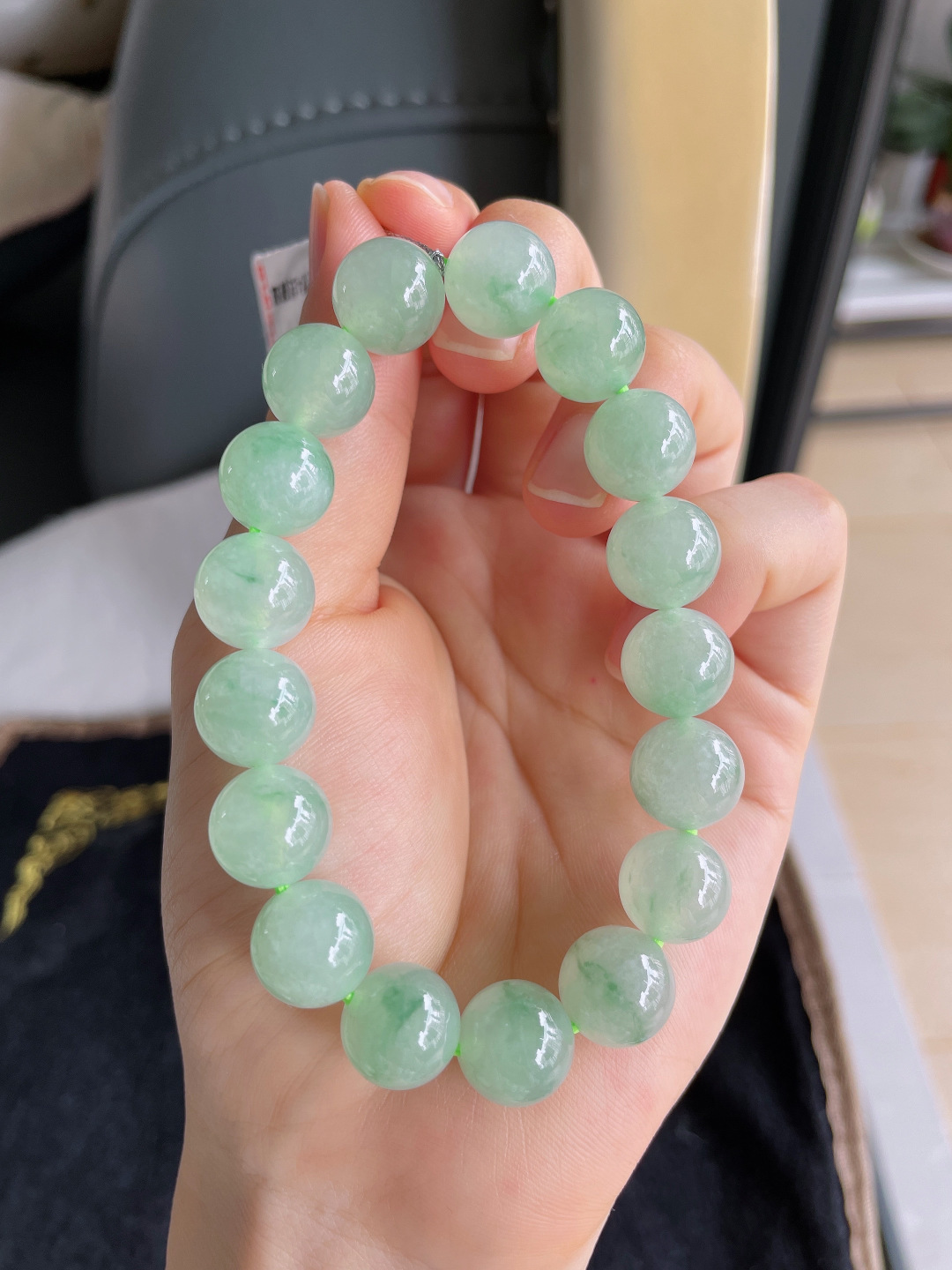 缅甸天然翡翠A货，冰飘花手链，尺寸：11.5mm。【编3172】
