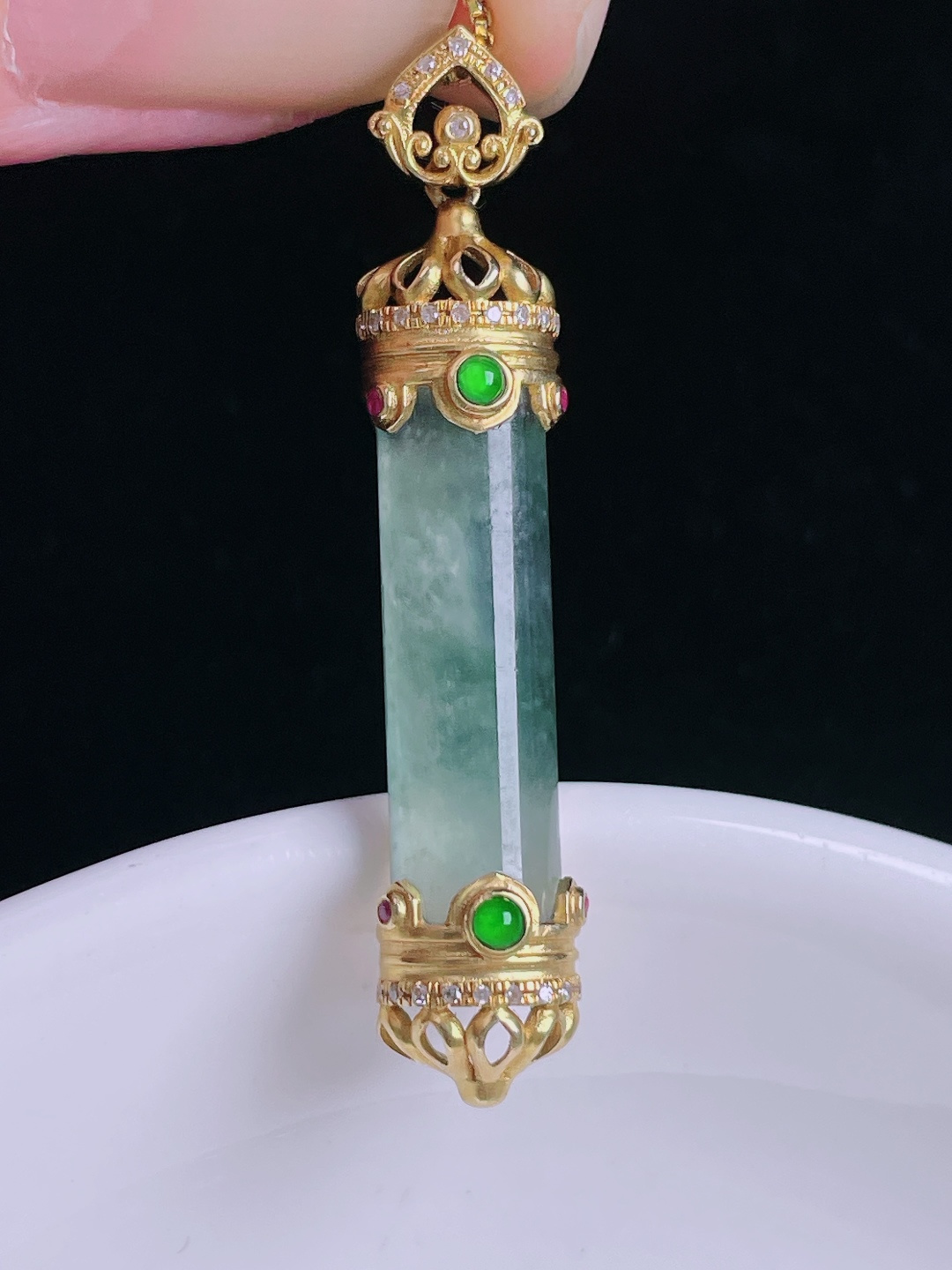 冰种平安柱，18k镶嵌，老种起光，细底通透，尺寸：42.7/8.6/6mm0911