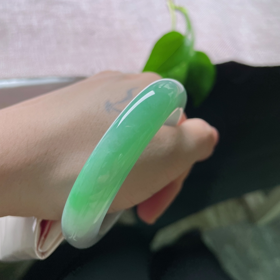 53.8/12.2/8.5，绿底正圈，一点指甲纹不显，淡紫为底，一抹鲜绿晕染镯身，玉质冰润，双色相融温婉动人。ss58668a
