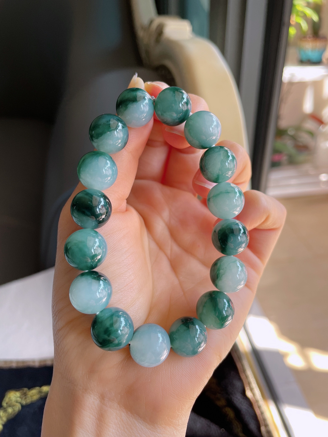 ️，缅甸天然翡翠A货，冰飘花手链，尺寸：12.8mm。【编3853】