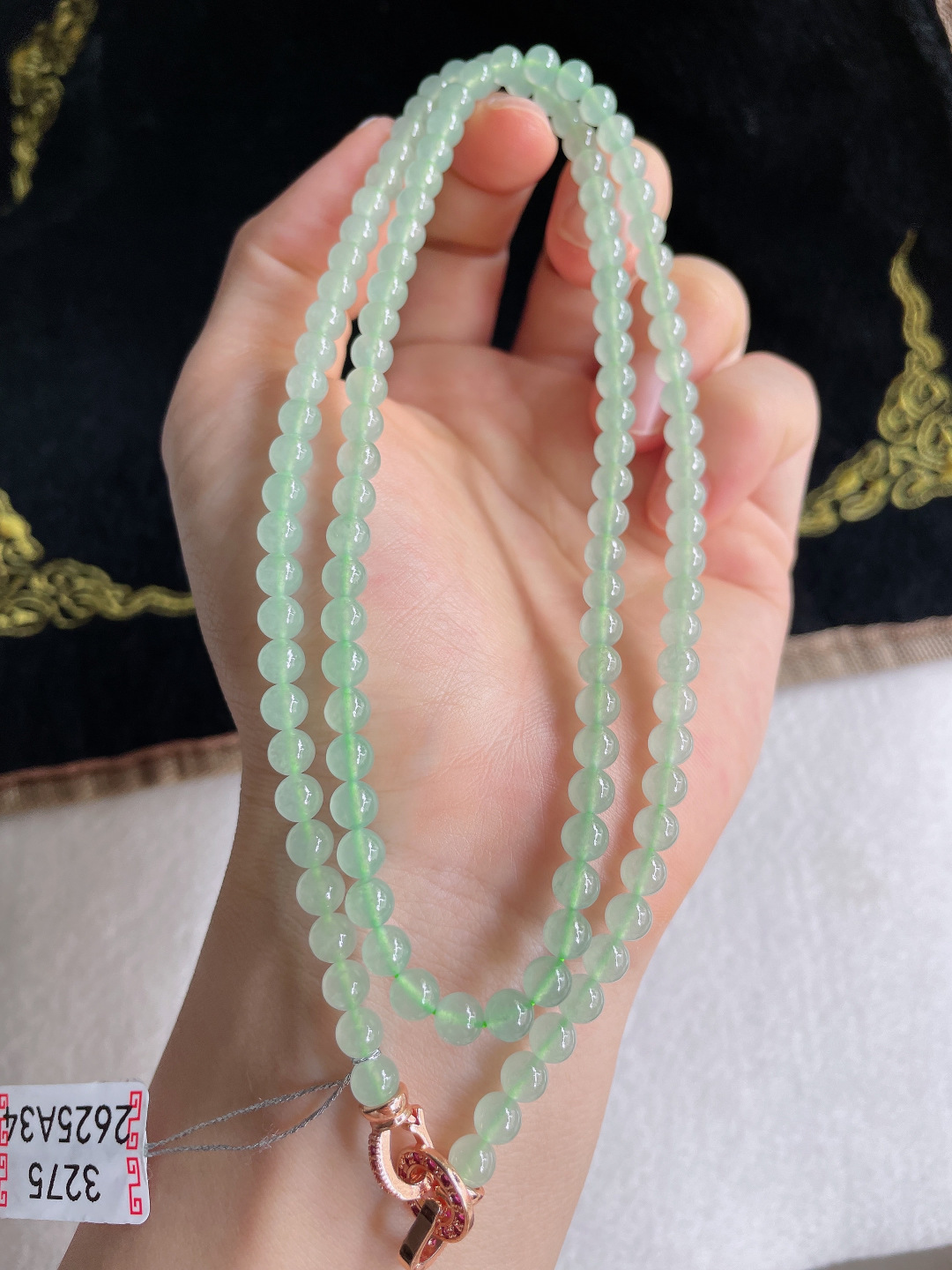 缅甸天然翡翠A货，冰绿冰晴底项链，尺寸：5mm118颗。【编3275】