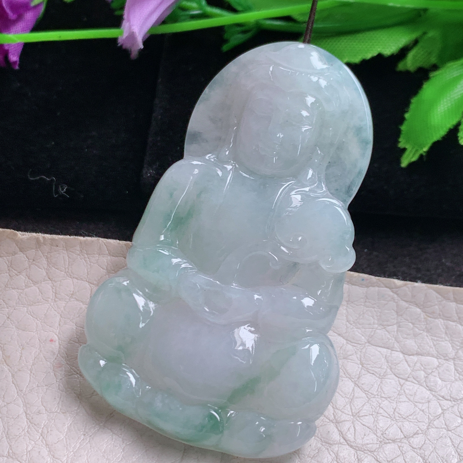 zen实拍61.5*38.6*6.2缅甸翡翠a货精雕飘花正庄观音玉挂件 毛衣坠