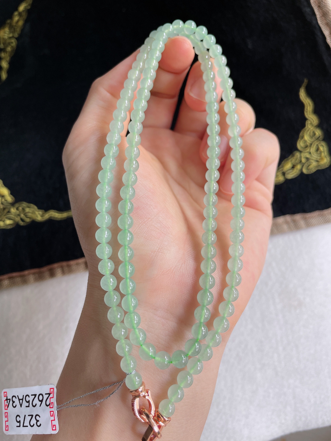 缅甸天然翡翠A货，冰绿冰晴底项链，尺寸：5mm118颗。【编3275】