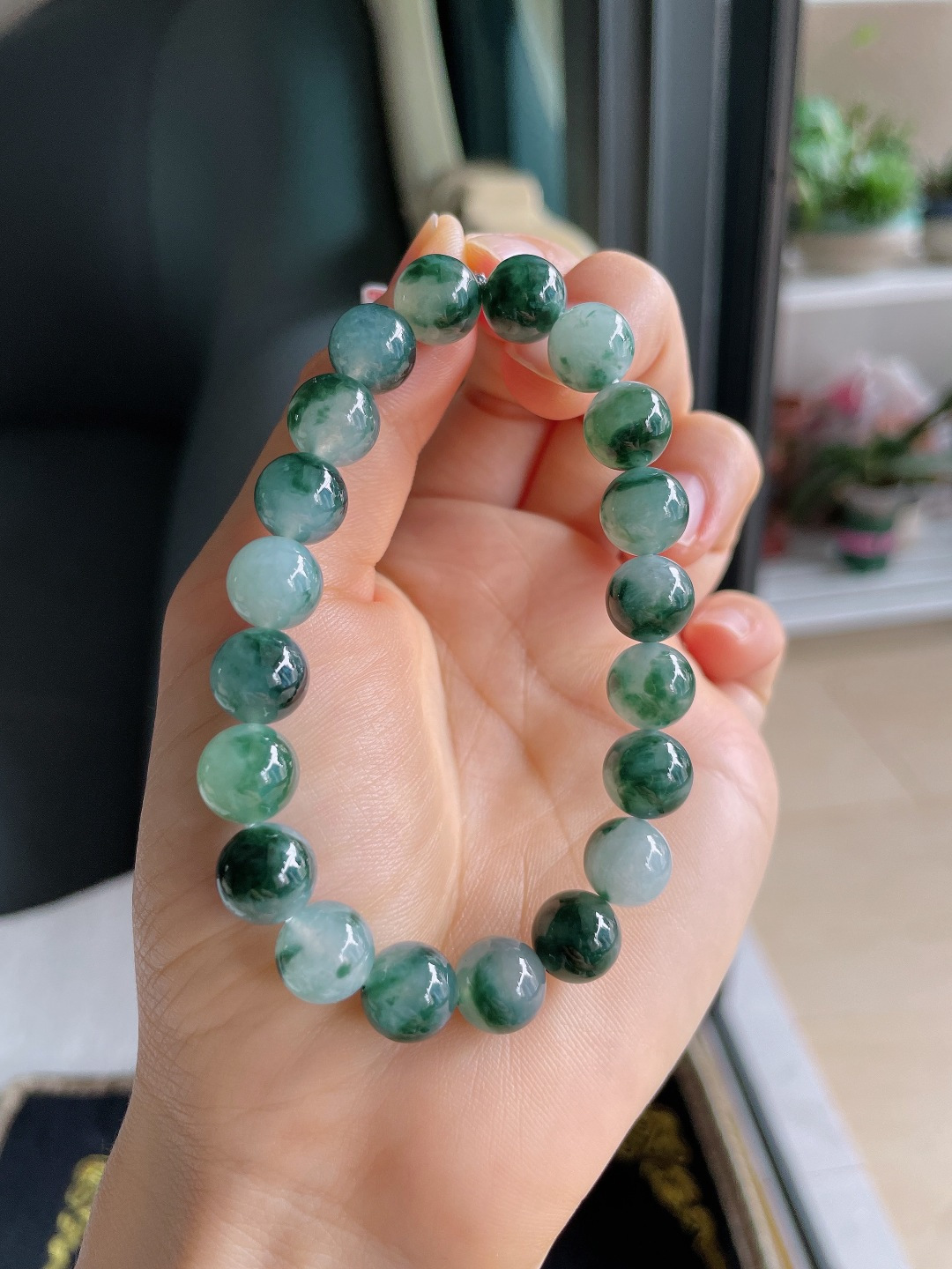 缅甸天然翡翠A货，冰飘花手链，尺寸：9.5mm。【编4265】