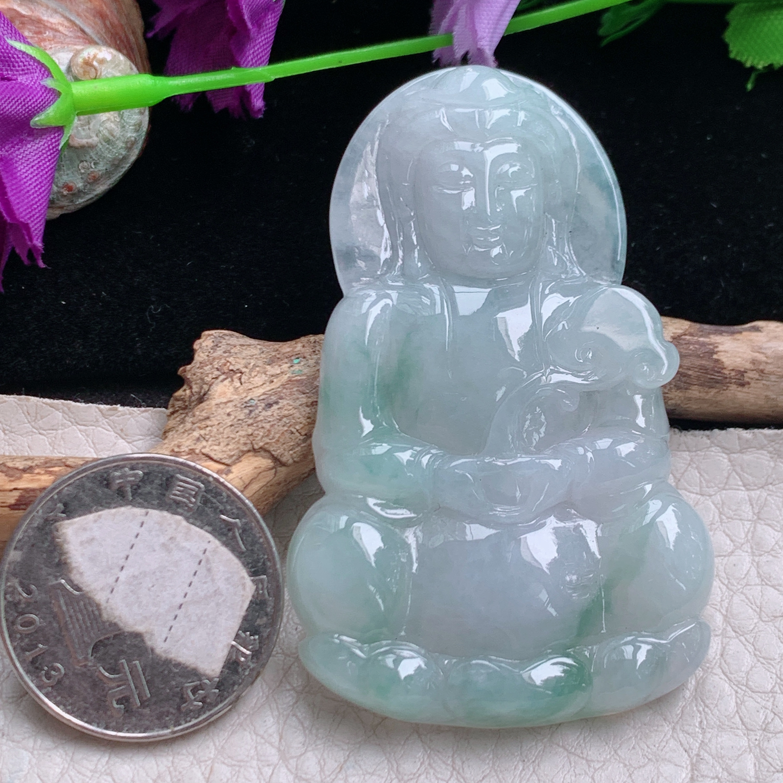 zen实拍61.5*38.6*6.2缅甸翡翠a货精雕飘花正庄观音玉挂件 毛衣坠