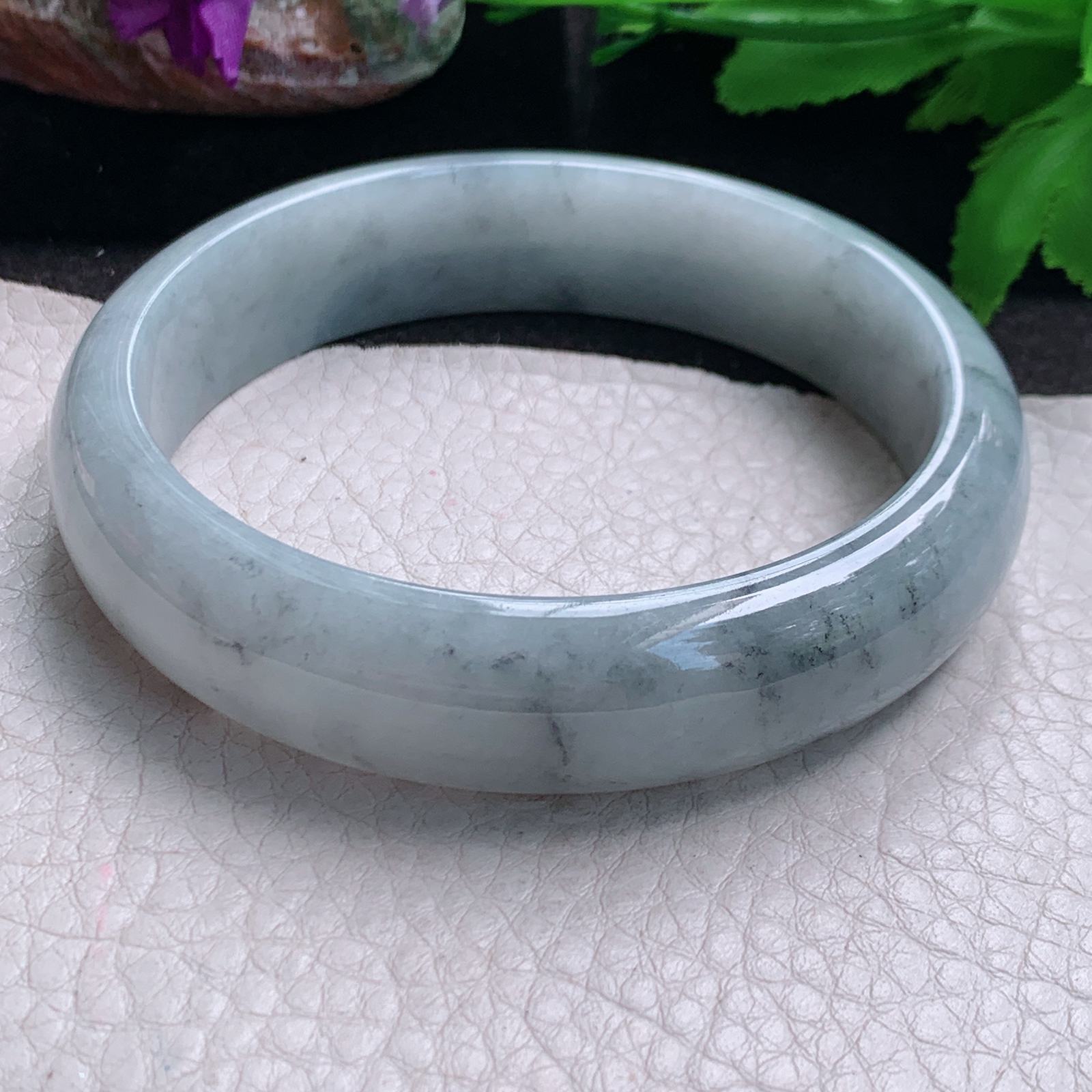 ll大圈口63.5*15.5*7.6轮胎镯 缅甸翡翠a货玉手镯精美冰飘乌鸡花宽边玉手环