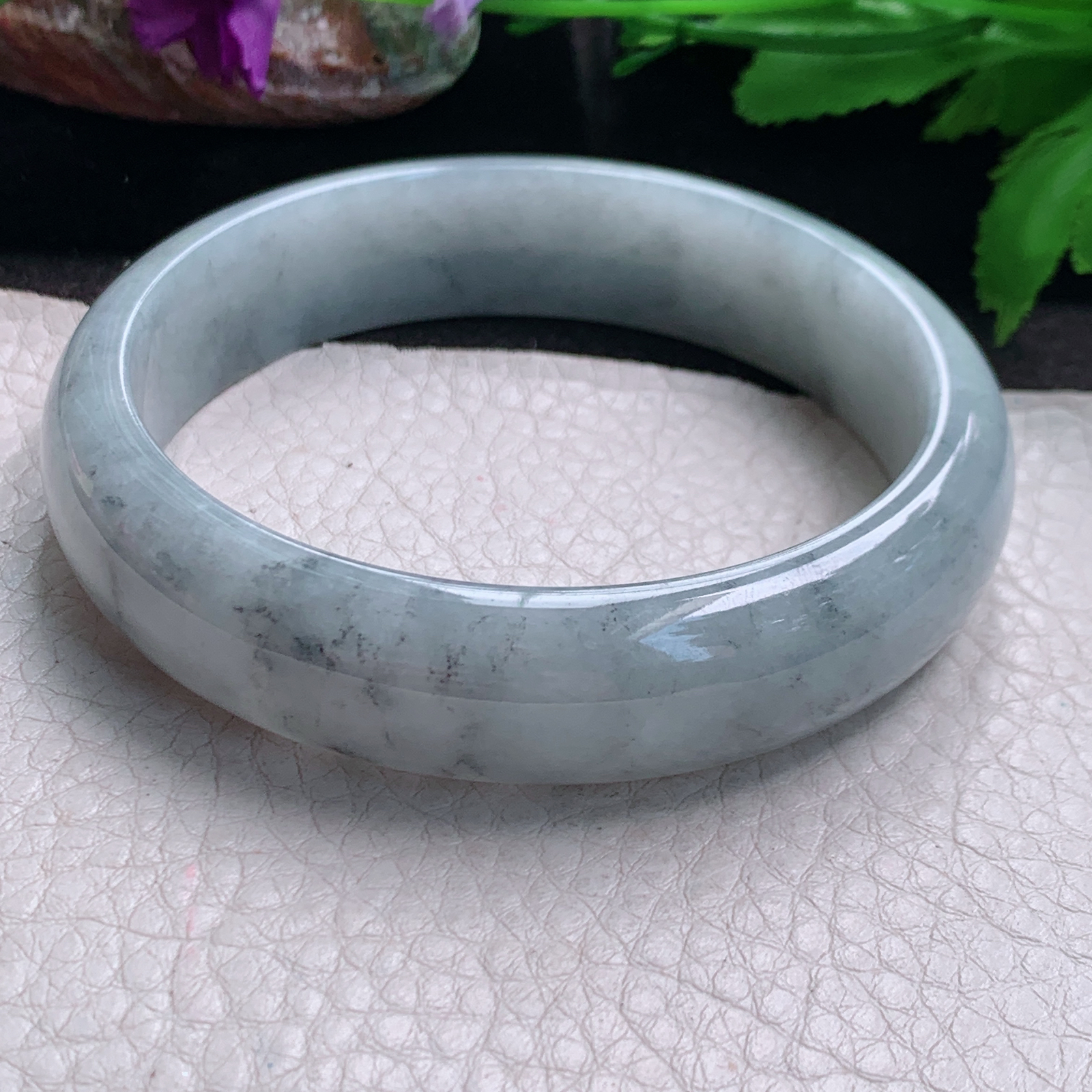 ll大圈口63.5*15.5*7.6轮胎镯 缅甸翡翠a货玉手镯精美冰飘乌鸡花宽边玉手环