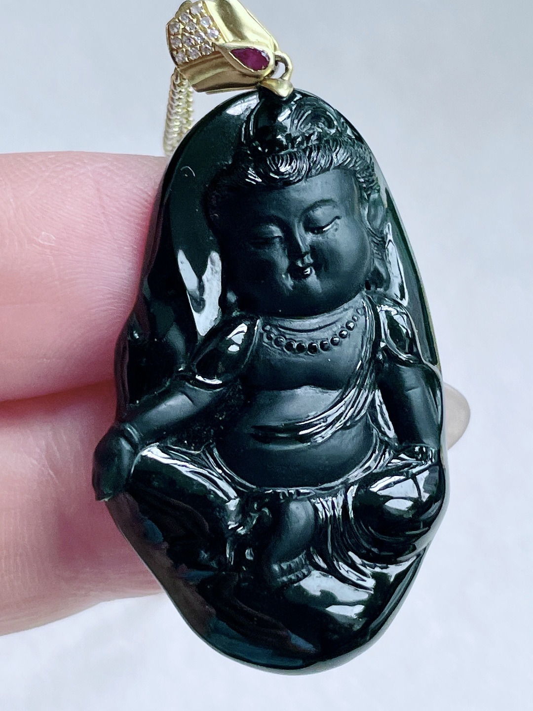 【墨翠】墨翠宝宝自在观音吊坠【说明】缅甸 18k金镶嵌 无裂 性比高【整体】44.7【裸石】37.3-23.8-5.3【重量】8.6克