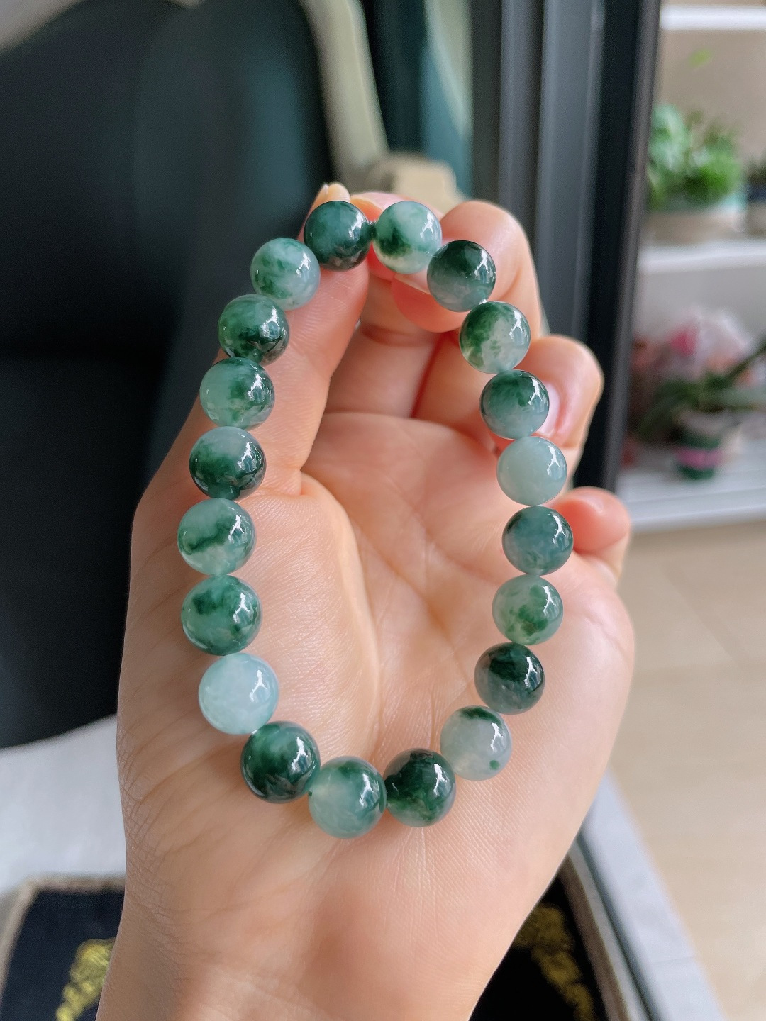 缅甸天然翡翠A货，冰飘花手链，尺寸：9.5mm。【编4265】
