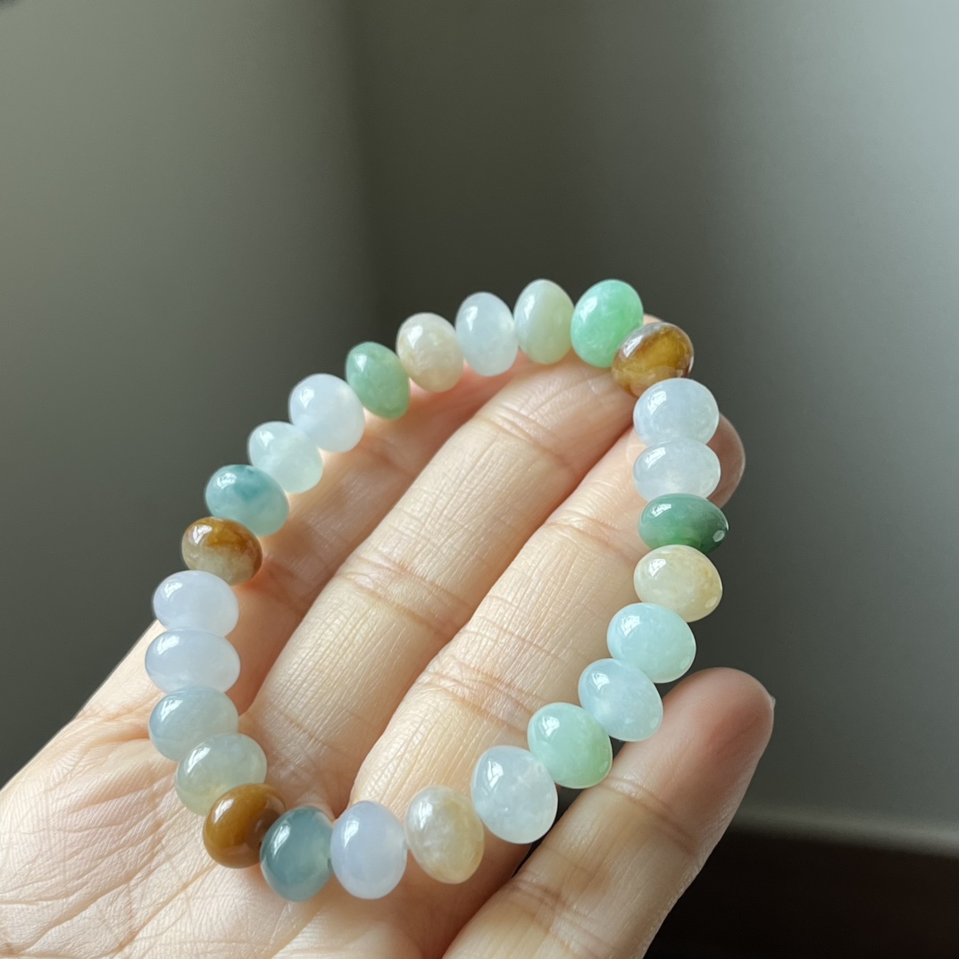 2号，冰种三彩鼓珠，算盘珠手链，种水好，冰透，尺寸9.1×7.3