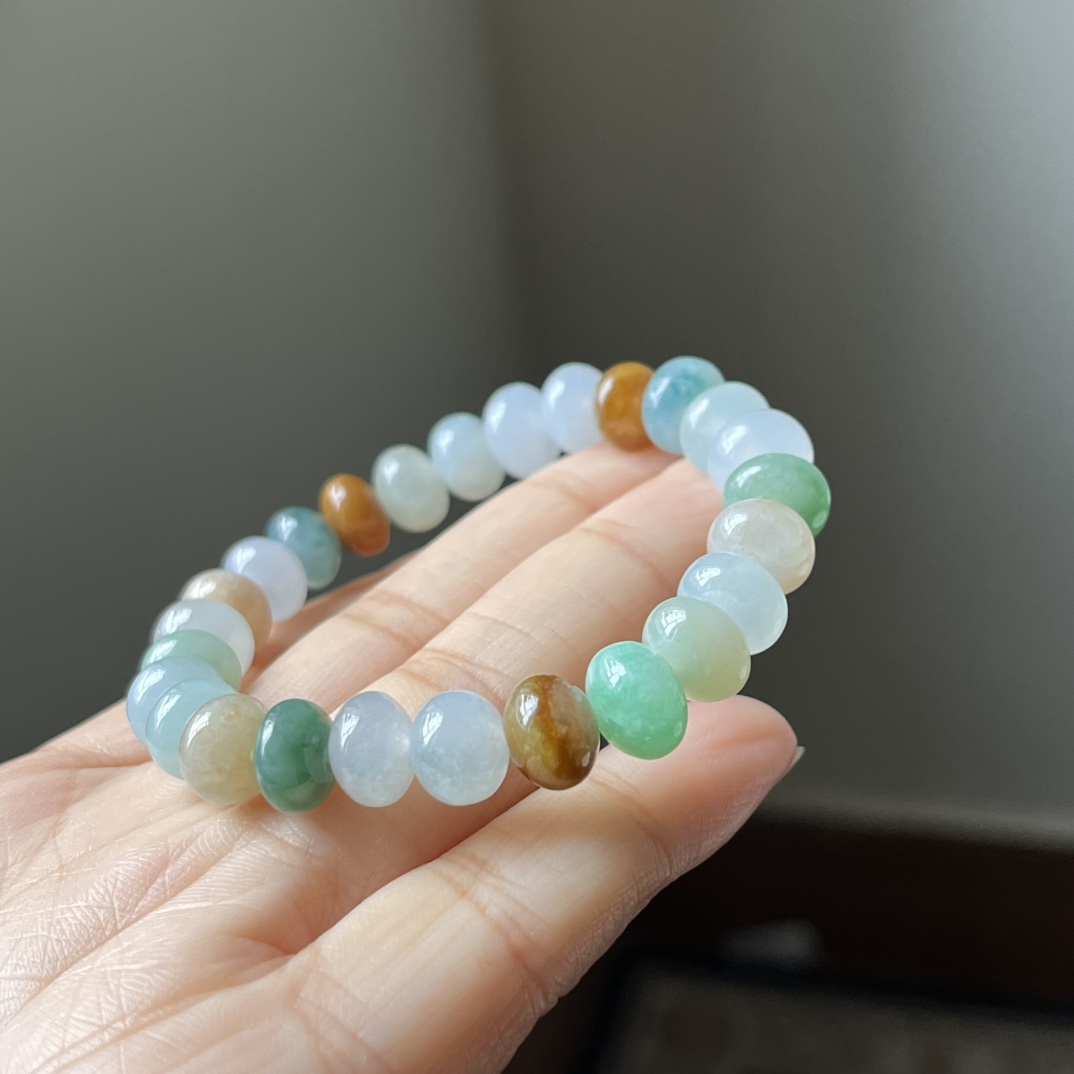 2号，冰种三彩鼓珠，算盘珠手链，种水好，冰透，尺寸9.1×7.3