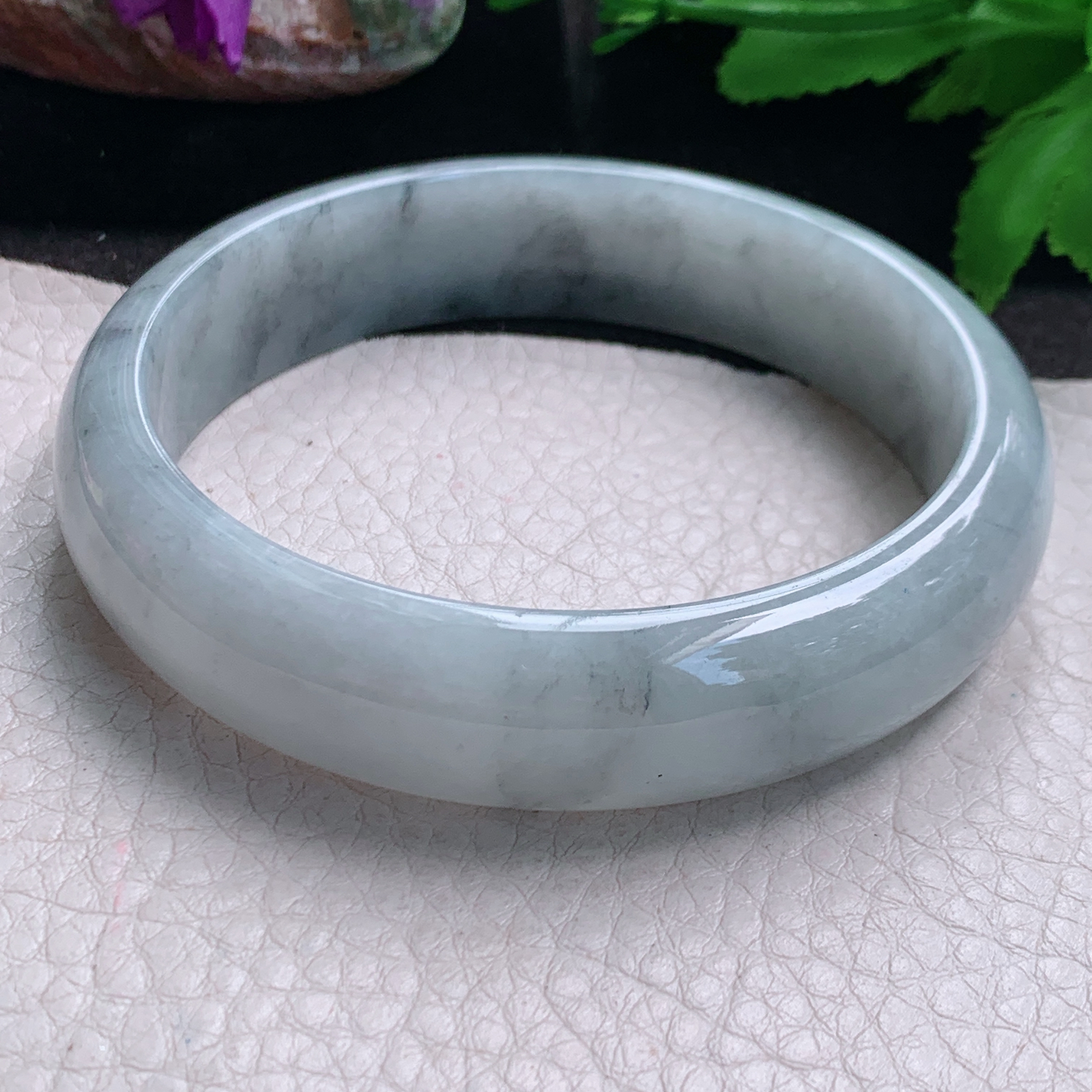 ll大圈口63.5*15.5*7.6轮胎镯 缅甸翡翠a货玉手镯精美冰飘乌鸡花宽边玉手环