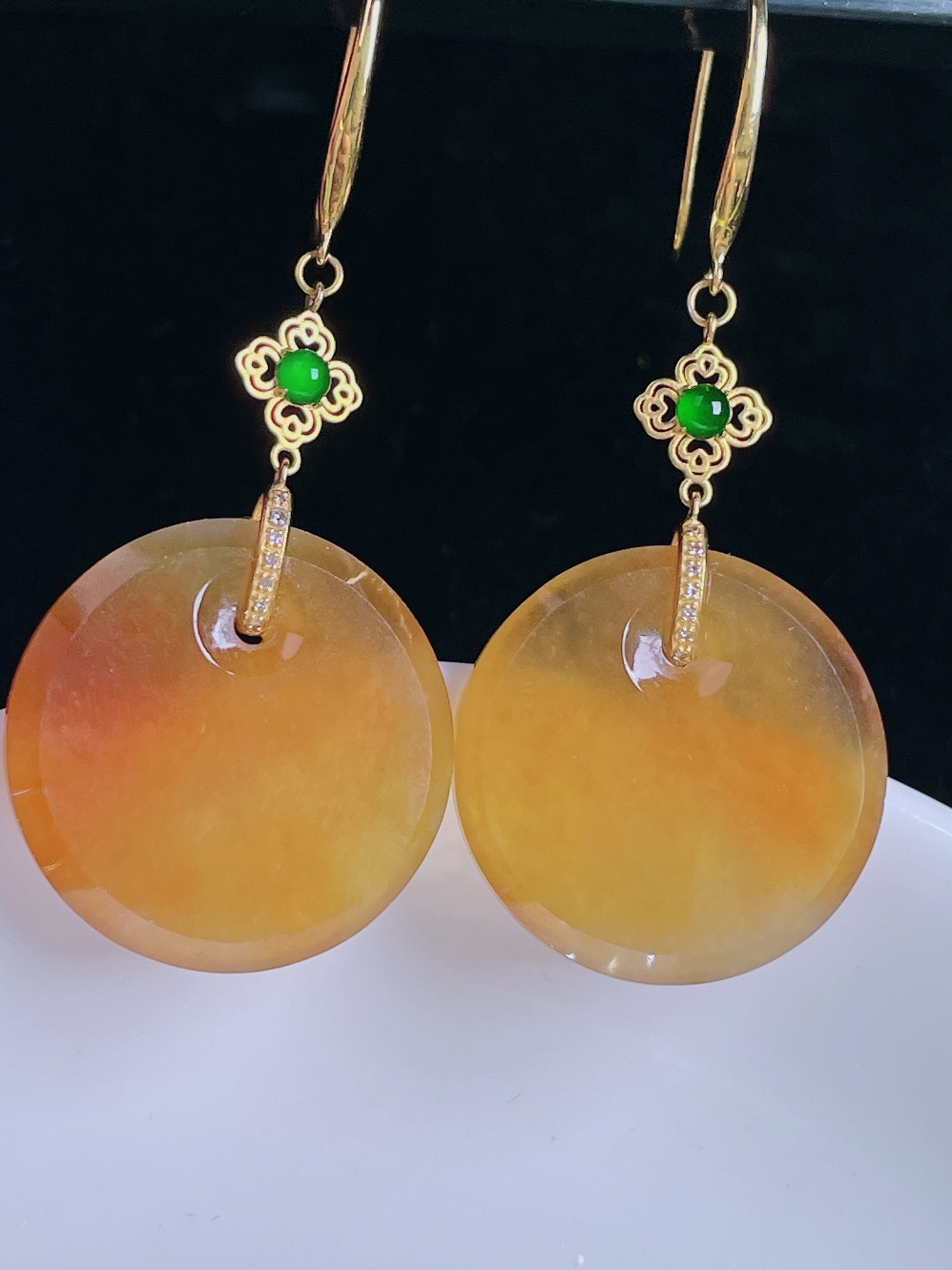 冰黄耳坠，18k镶嵌，老种起光，细底通透，尺寸：裸石19.5/3mm0912