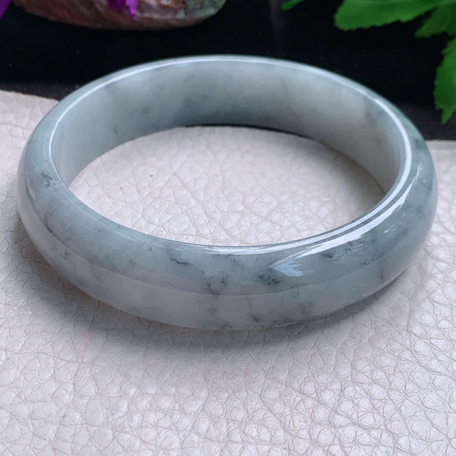 ll大圈口63.5*15.5*7.6轮胎镯 缅甸翡翠a货玉手镯精美冰飘乌鸡花宽边玉手环