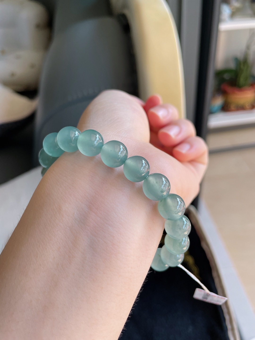 天然翡翠A货，冰种天空蓝手串，尺寸：9.8mm。【编3453】