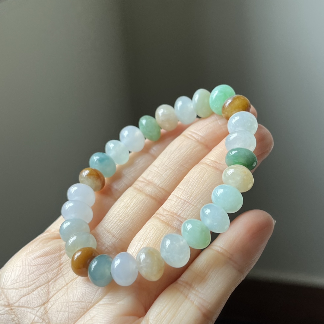 2号，冰种三彩鼓珠，算盘珠手链，种水好，冰透，尺寸9.1×7.3
