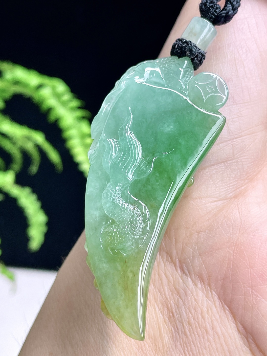 冰黄加绿生肖龙龙牙吊坠, 无裂, 性比高, 超厚
