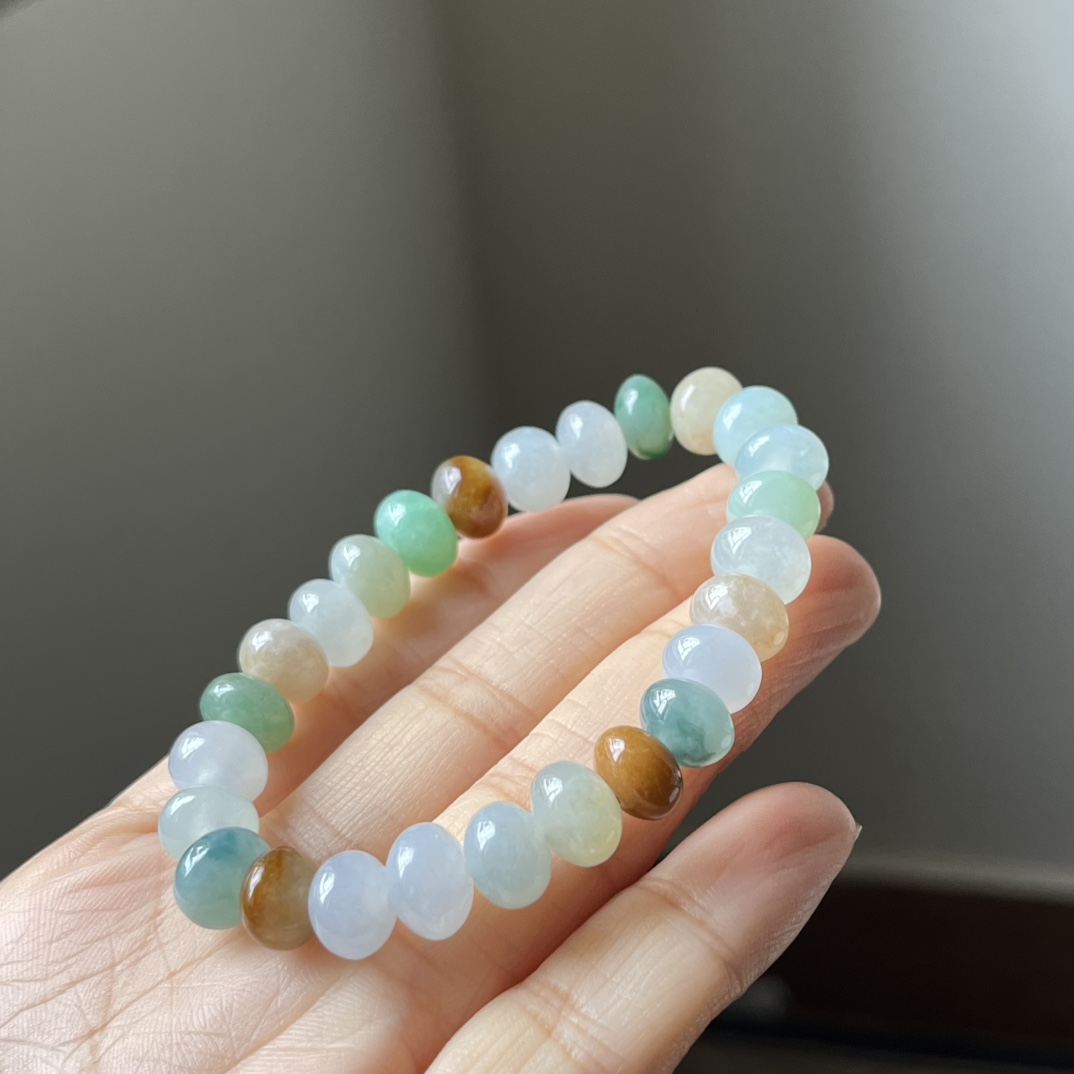2号，冰种三彩鼓珠，算盘珠手链，种水好，冰透，尺寸9.1×7.3