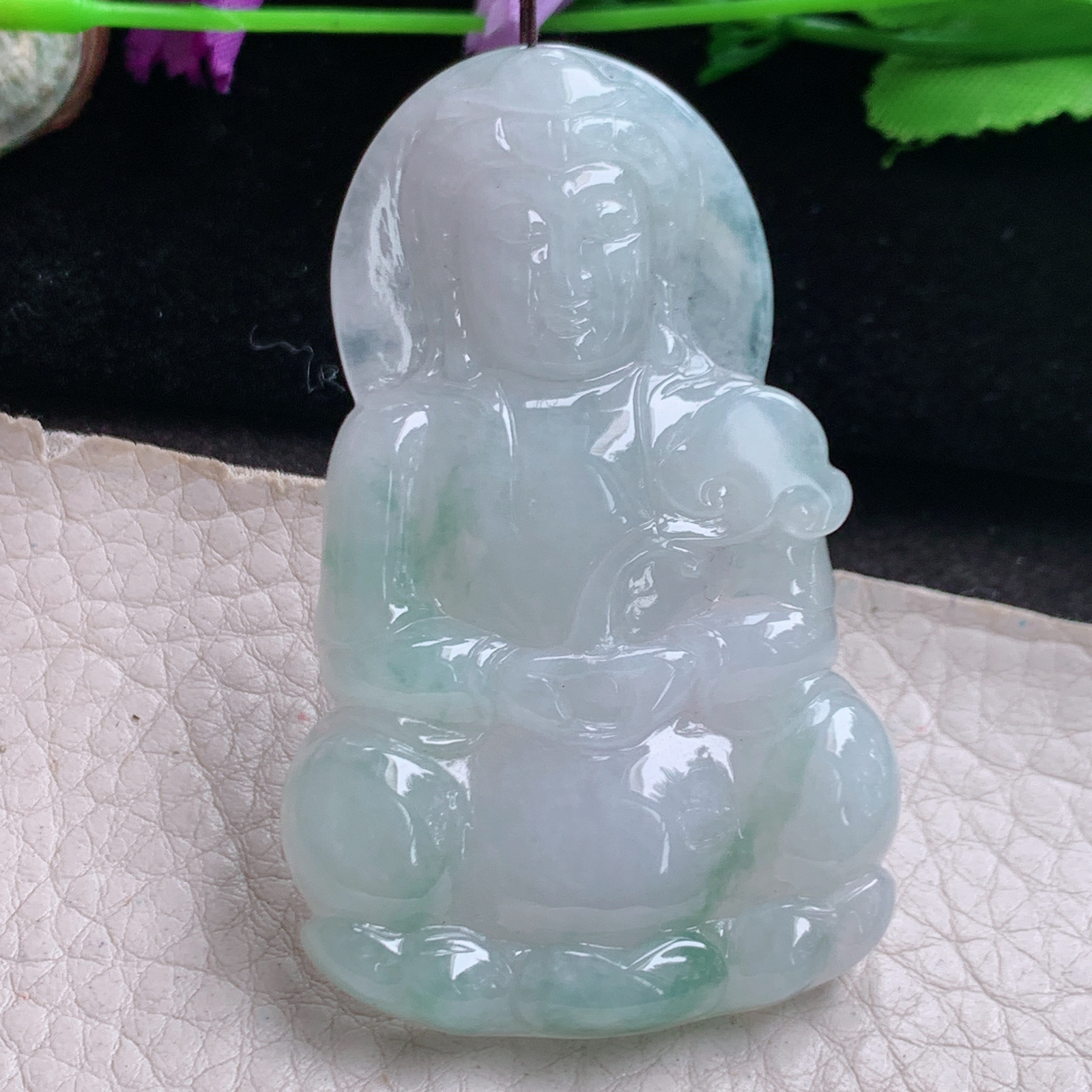 zen实拍61.5*38.6*6.2缅甸翡翠a货精雕飘花正庄观音玉挂件 毛衣坠