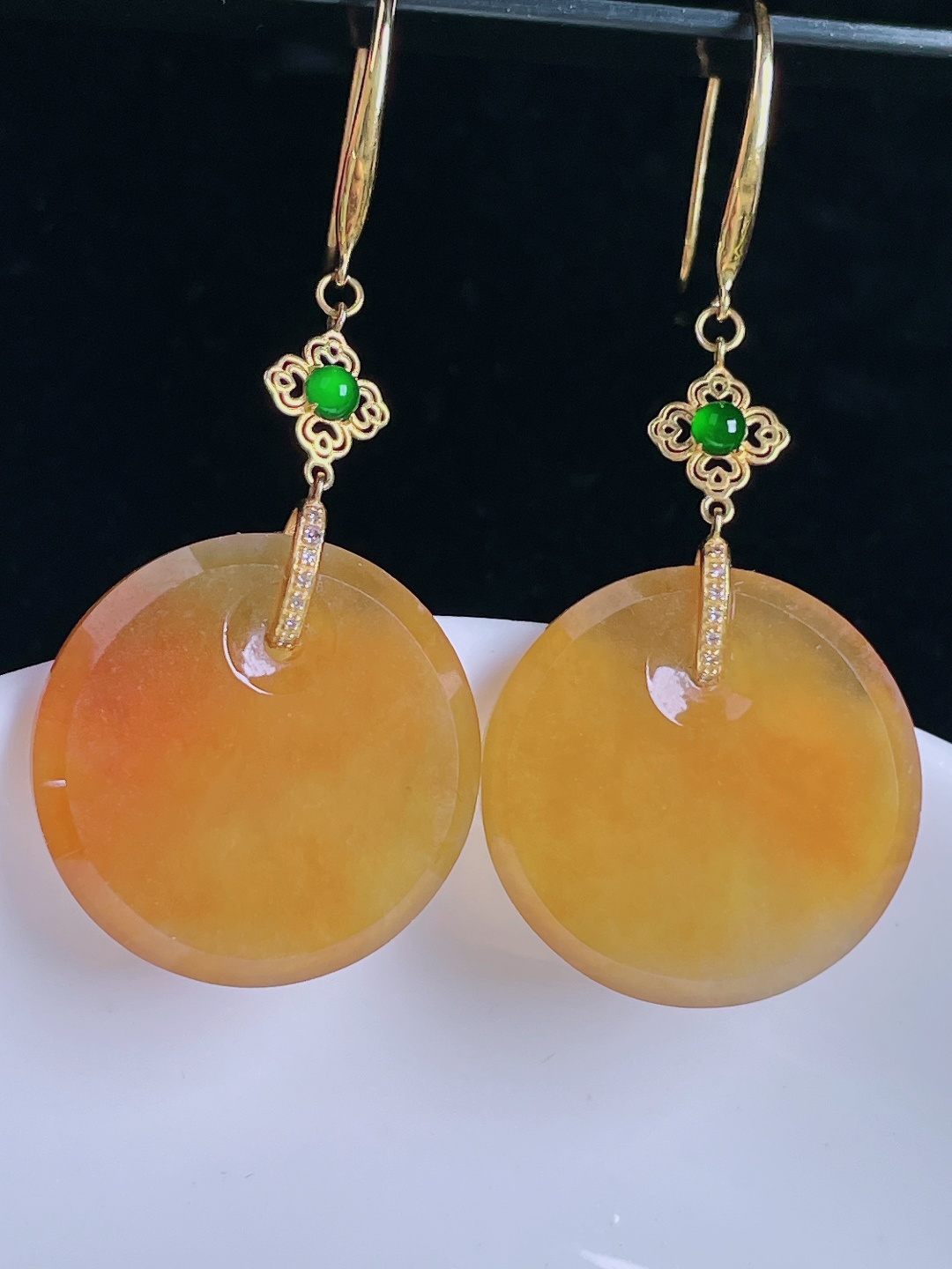 冰黄耳坠，18k镶嵌，老种起光，细底通透，尺寸：裸石19.5/3mm0912