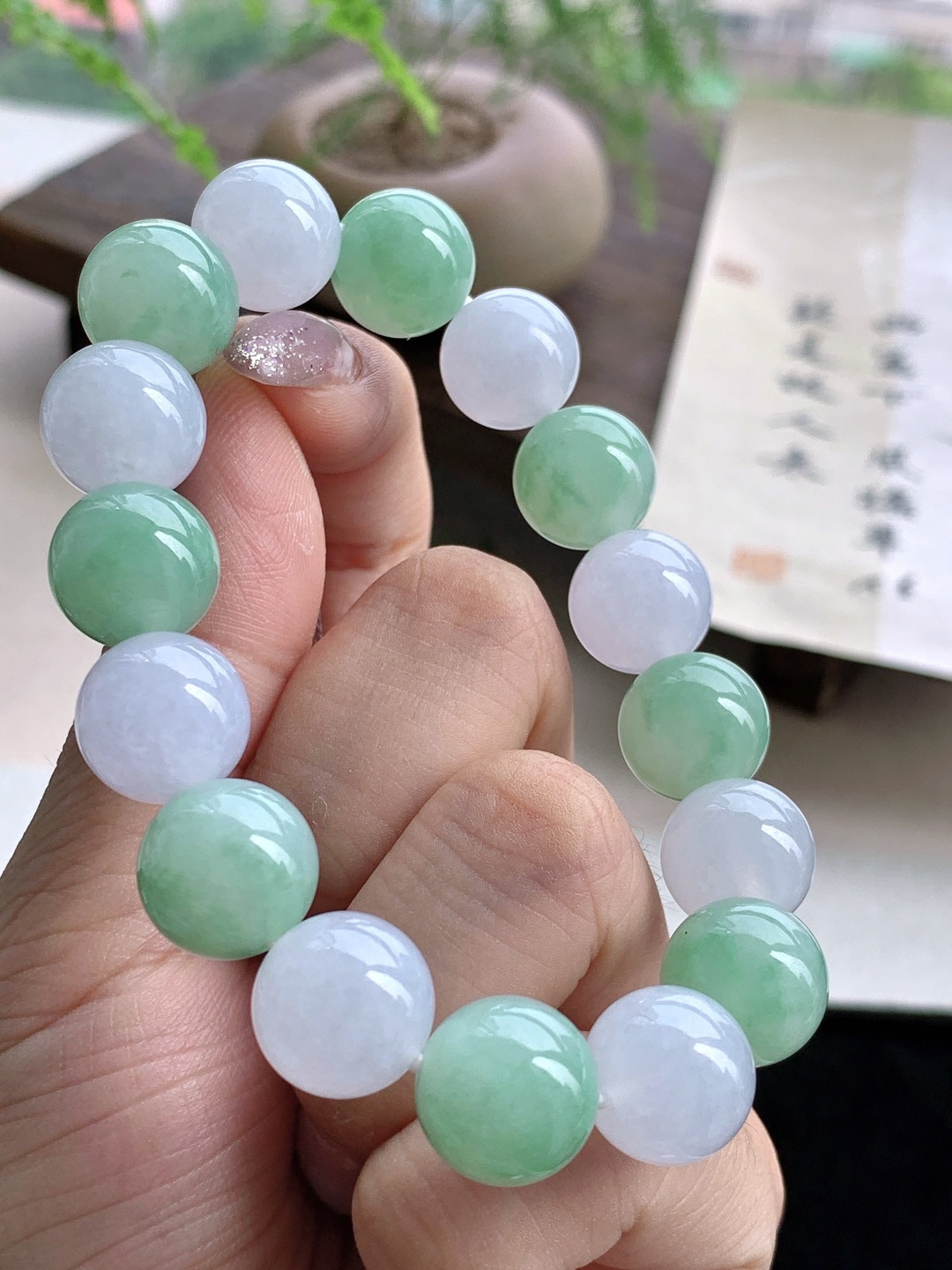 ️糯冰双彩手串圆珠子手串 性比高 白冰 甜阳绿 12.3mm 52.7克