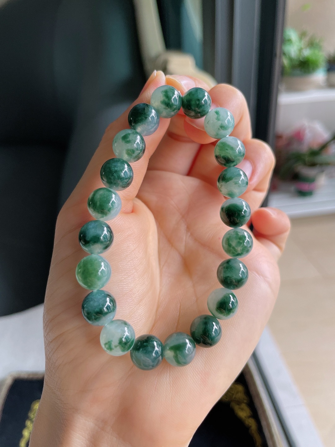 缅甸天然翡翠A货，冰飘花手链，尺寸：9.5mm。【编4265】