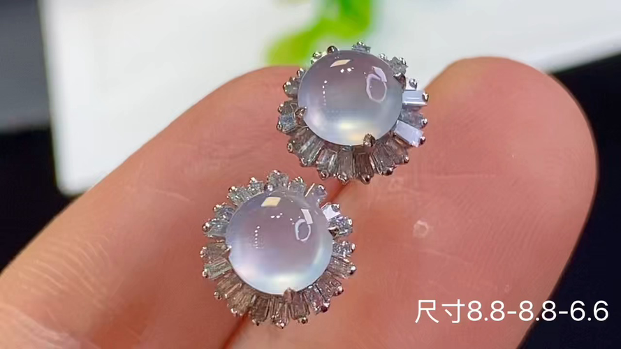️ 18k金+钻玻璃种蛋面耳钉，无裂，8.8-8.8-6.6