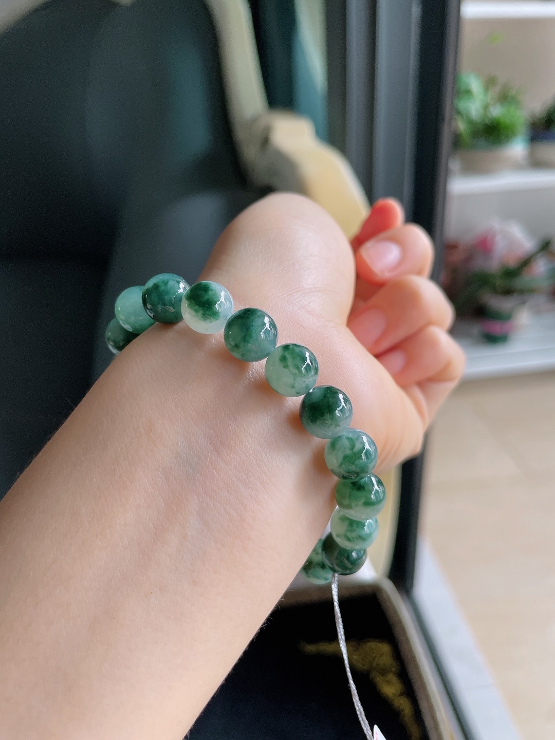 缅甸天然翡翠A货，冰飘花手链，尺寸：9.5mm。【编4265】