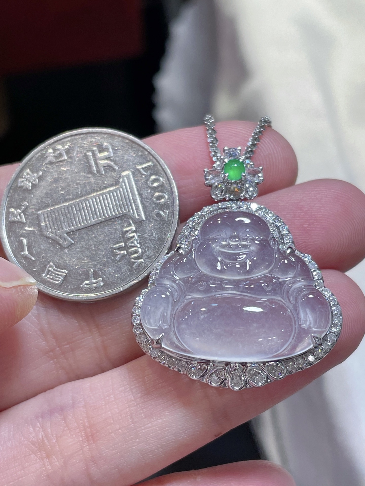 高冰佛公挂件，实物更美大肚能容，笑脸迎迎冰冰润润的无裂，18k镶嵌，19-23.4-3.5