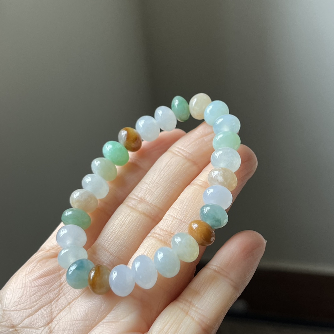 2号，冰种三彩鼓珠，算盘珠手链，种水好，冰透，尺寸9.1×7.3
