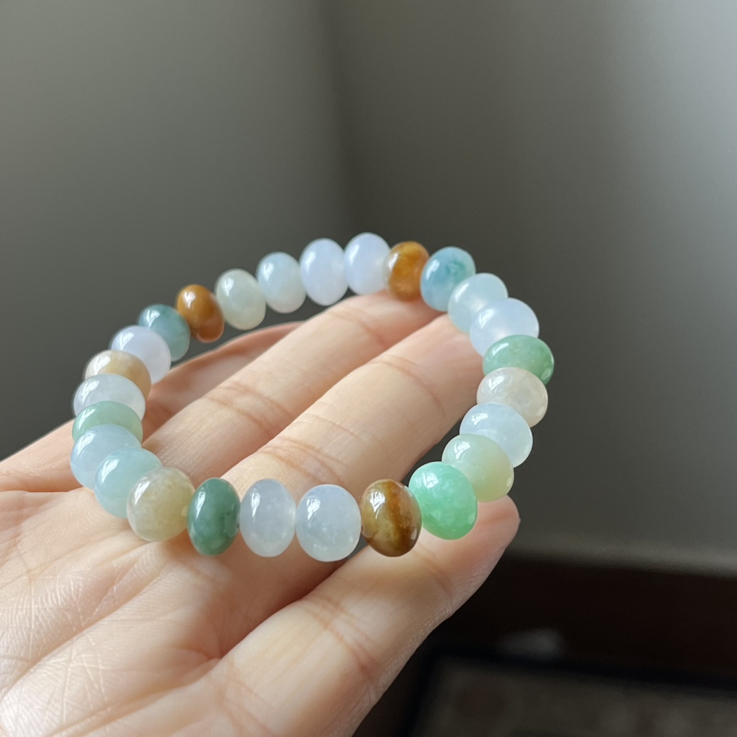 2号，冰种三彩鼓珠，算盘珠手链，种水好，冰透，尺寸9.1×7.3
