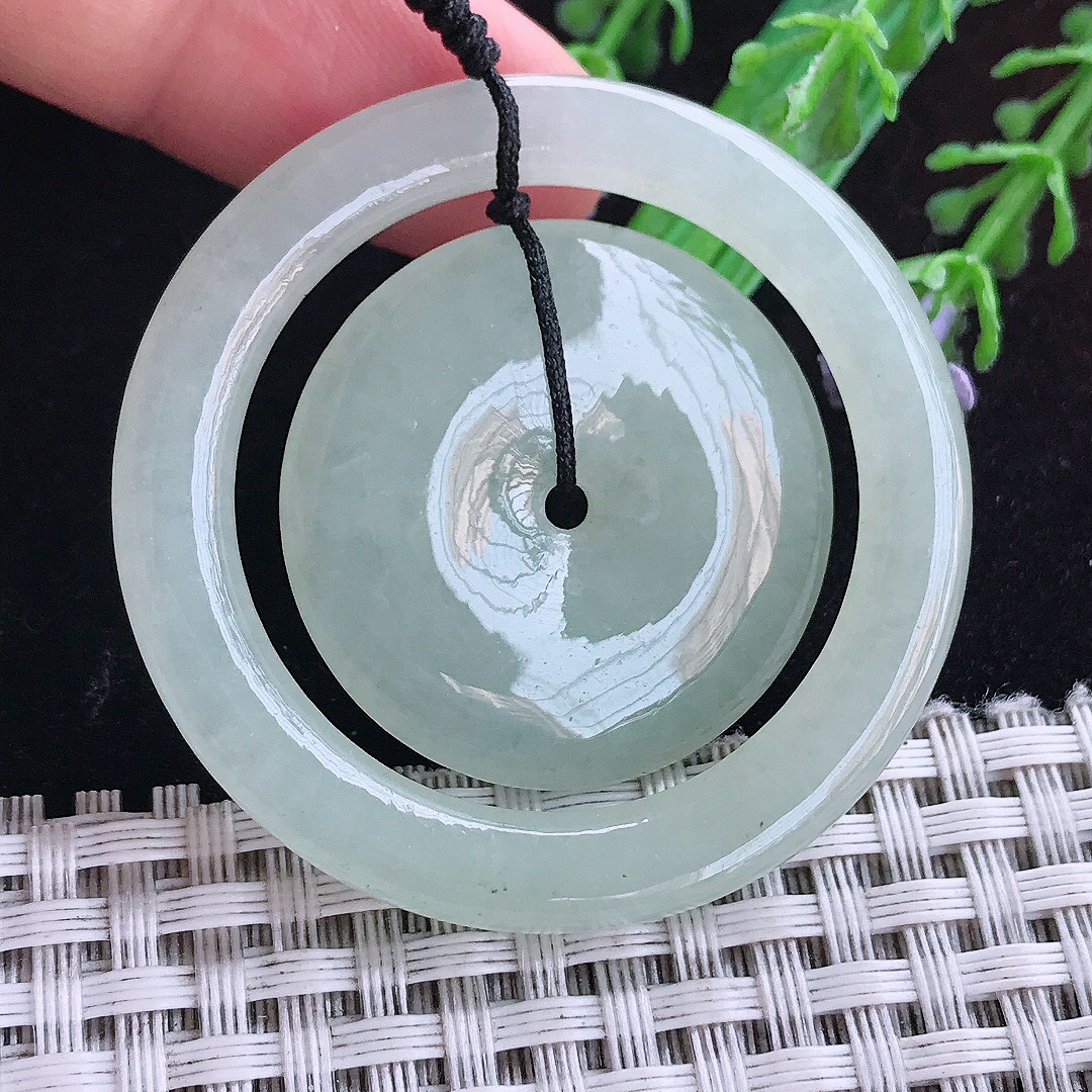 实拍A货翡翠45.5/5.1老坑冰润晴底母子扣平安扣吊坠翡翠玉扣