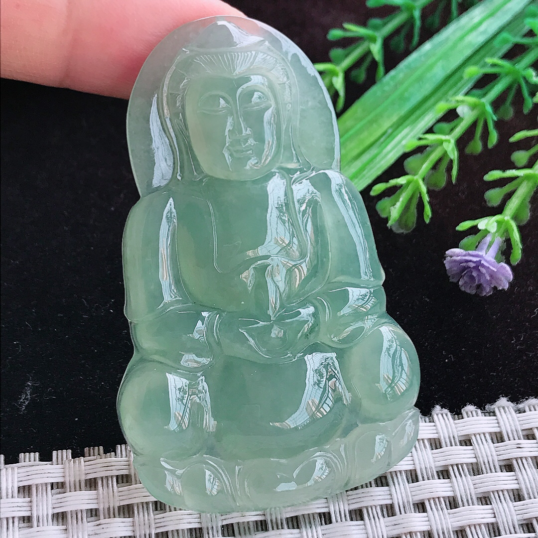 实拍A货翡翠63/39.8/6.9老坑冰胶果冻冰晴绿正装观音吊坠翡翠玉坠挂件