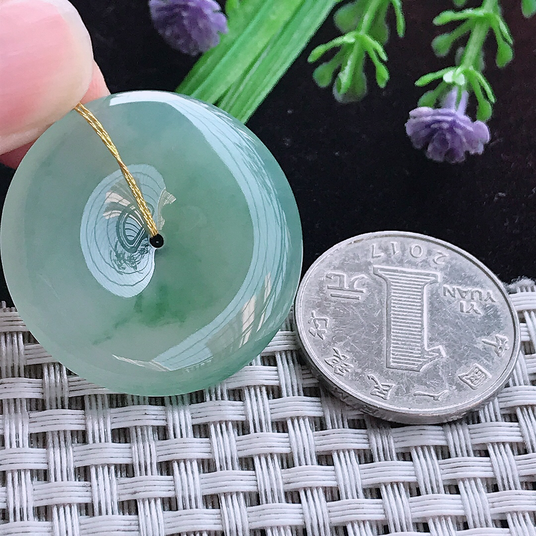 实拍A货翡翠32.5/5.5老坑冰胶晴绿飘花平安扣吊坠翡翠玉扣挂件