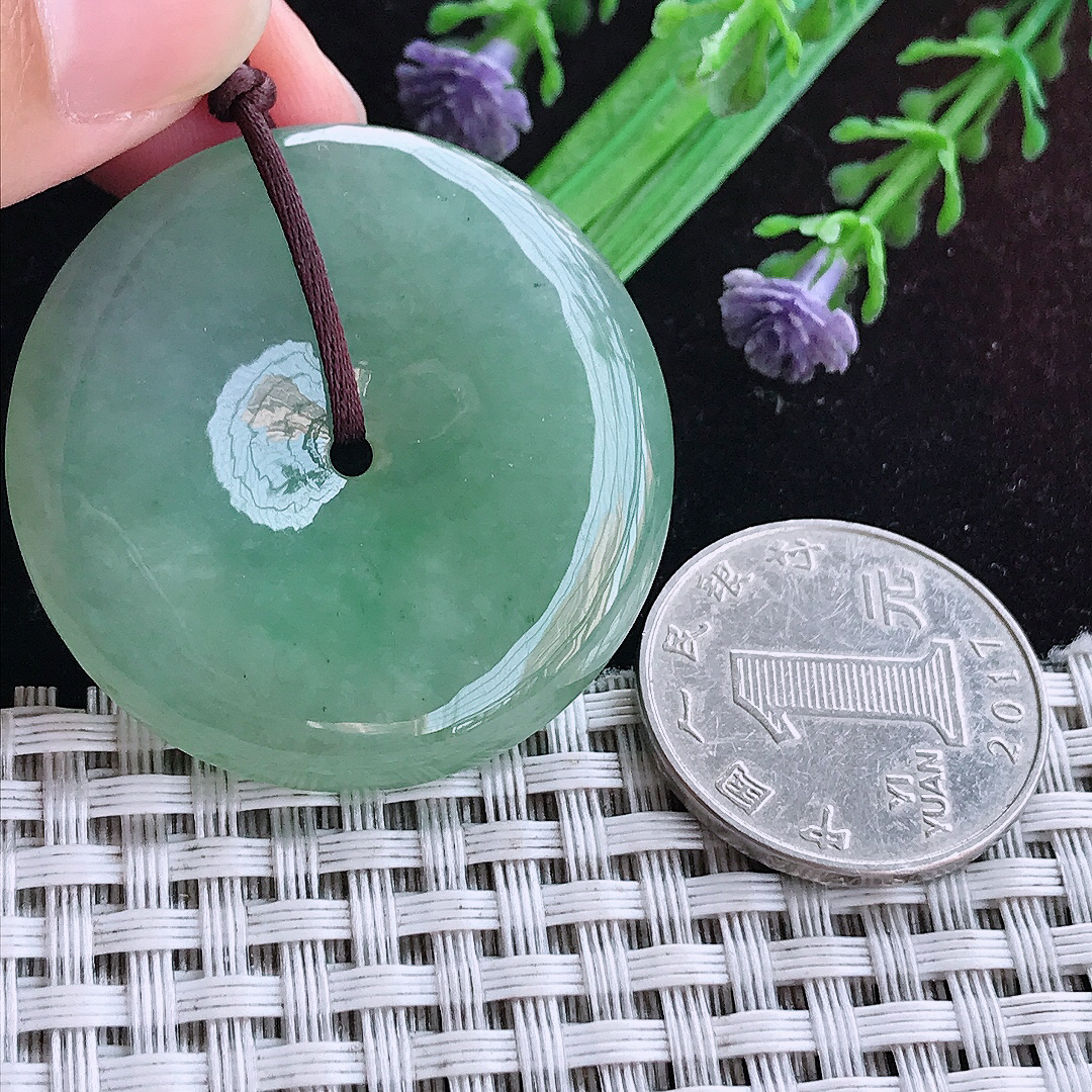 实拍A货翡翠38.5/5.9老坑冰润起胶满色大平安扣吊坠翡翠玉坠挂件