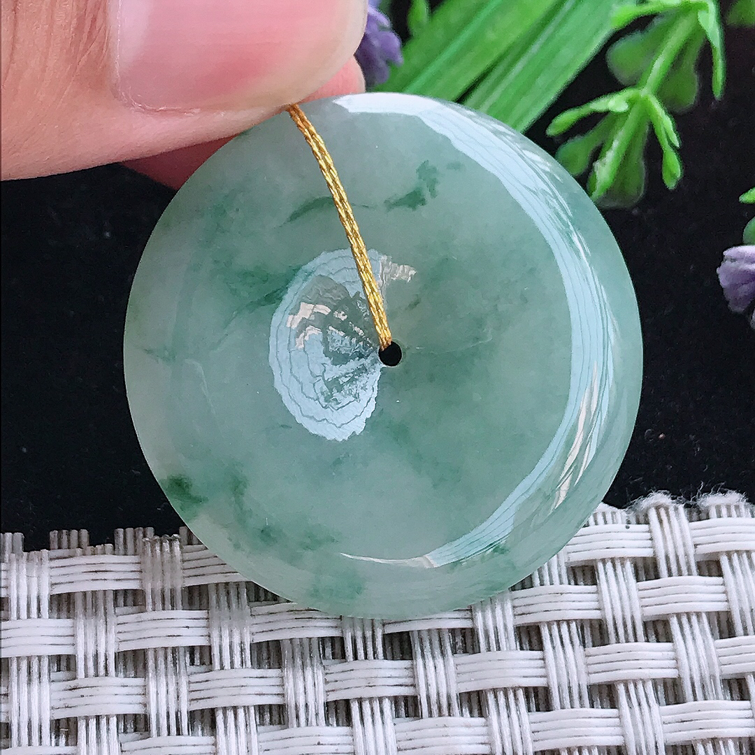 实拍A货翡翠33.2/5.7老坑冰润起胶飘花平安扣吊坠翡翠玉扣挂件