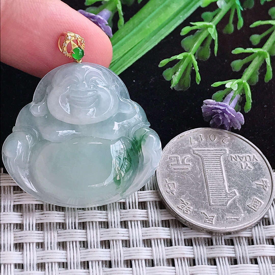 实拍A货翡翠29.2/31.8/6老坑18k金镶嵌冰飘花佛公吊坠翡翠玉坠挂件