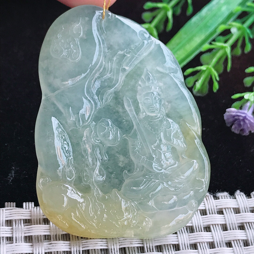 实拍A货翡翠55.8/40/6.3老坑冰透起胶飘黄文殊菩萨吊坠翡翠玉坠挂件
