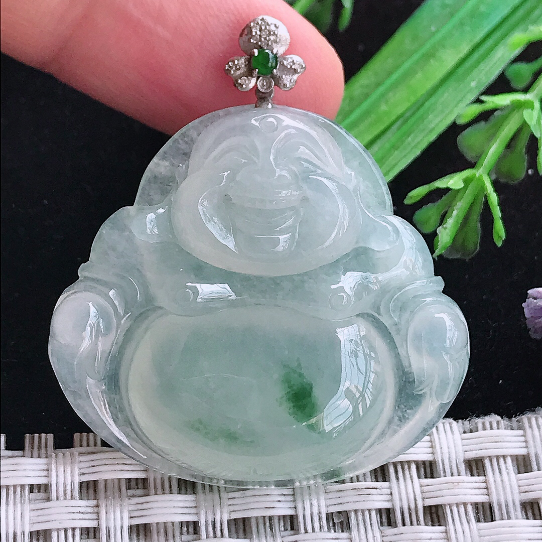 实拍A货翡翠32.6/35.5/6.4老坑18k金镶嵌冰种飘花佛公吊坠翡翠玉坠挂件