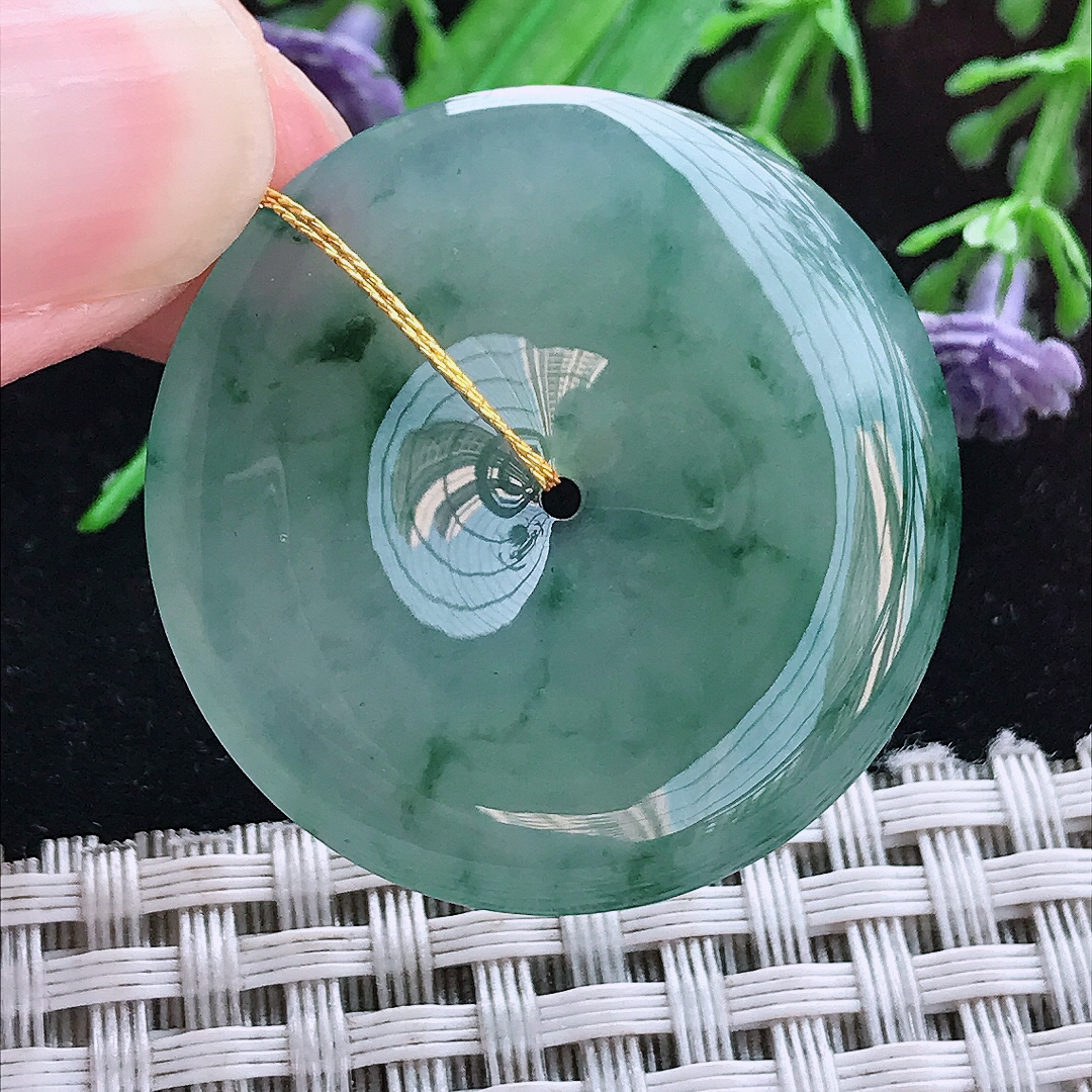 实拍A货翡翠34.5/5老坑冰胶冰飘花平安扣吊坠翡翠玉坠挂件