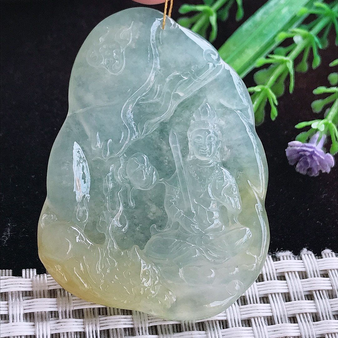 实拍A货翡翠55.8/40/6.3老坑冰透起胶飘黄文殊菩萨吊坠翡翠玉坠挂件