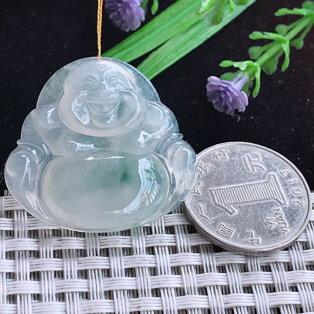 实拍A货翡翠32.3/35/6.7老坑冰种冰飘花佛公吊坠翡翠玉坠挂件