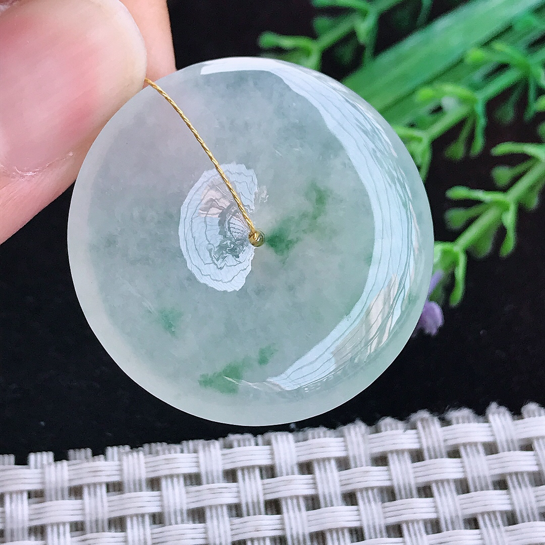 实拍A货翡翠33.8/5.9老坑冰透起胶冰飘花平安扣吊坠翡翠玉坠挂件