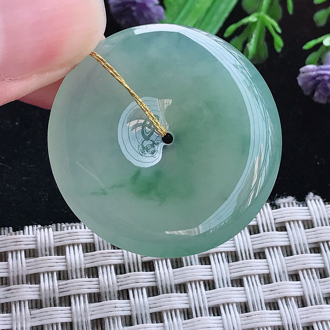 实拍A货翡翠32.5/5.5老坑冰胶晴绿飘花平安扣吊坠翡翠玉扣挂件
