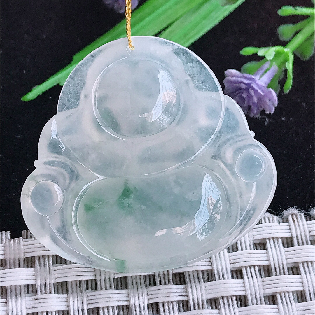 实拍A货翡翠32.3/35/6.7老坑冰种冰飘花佛公吊坠翡翠玉坠挂件