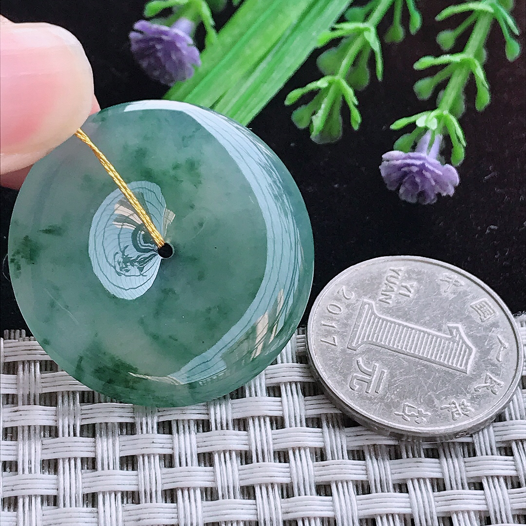 实拍A货翡翠34.5/5老坑冰胶冰飘花平安扣吊坠翡翠玉坠挂件