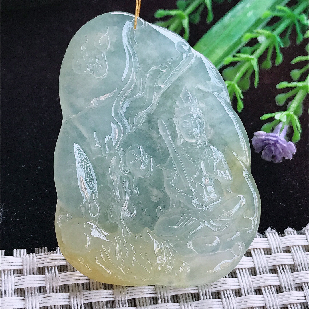 实拍A货翡翠55.8/40/6.3老坑冰透起胶飘黄文殊菩萨吊坠翡翠玉坠挂件
