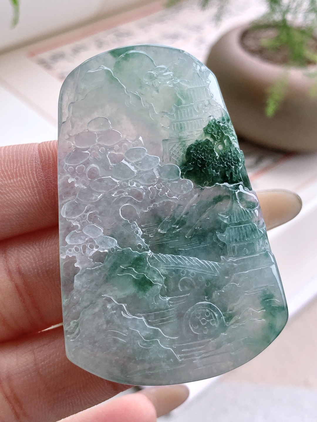 【裸石】️冰种飘花山水牌大山水牌吊坠 【说明】缅甸 性比高 【尺寸】58-37-5.8 【重量】29.7克